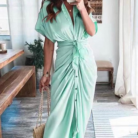 Satin Look Button Down Short Sleeve Maxi Shirt Dress with Belt. 100% Polyster. - Picture 3 of 3